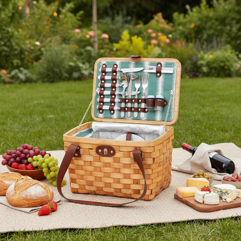 Padma Insulated Alfresco Outdoor 2 Person Picnic Basket Set - Wooden - Cooler Bag