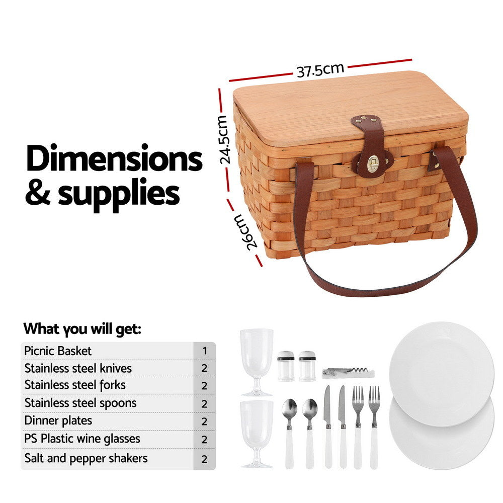 Alfresco 2 Person Picnic Basket Set Wooden Cooler Bag Plates Outdoor Insulated The Nest Trading Company