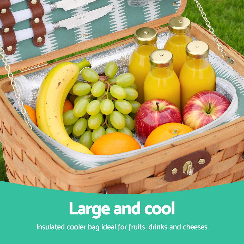 Alfresco 2 Person Picnic Basket Set Wooden Cooler Bag Plates Outdoor Insulated The Nest Trading Company