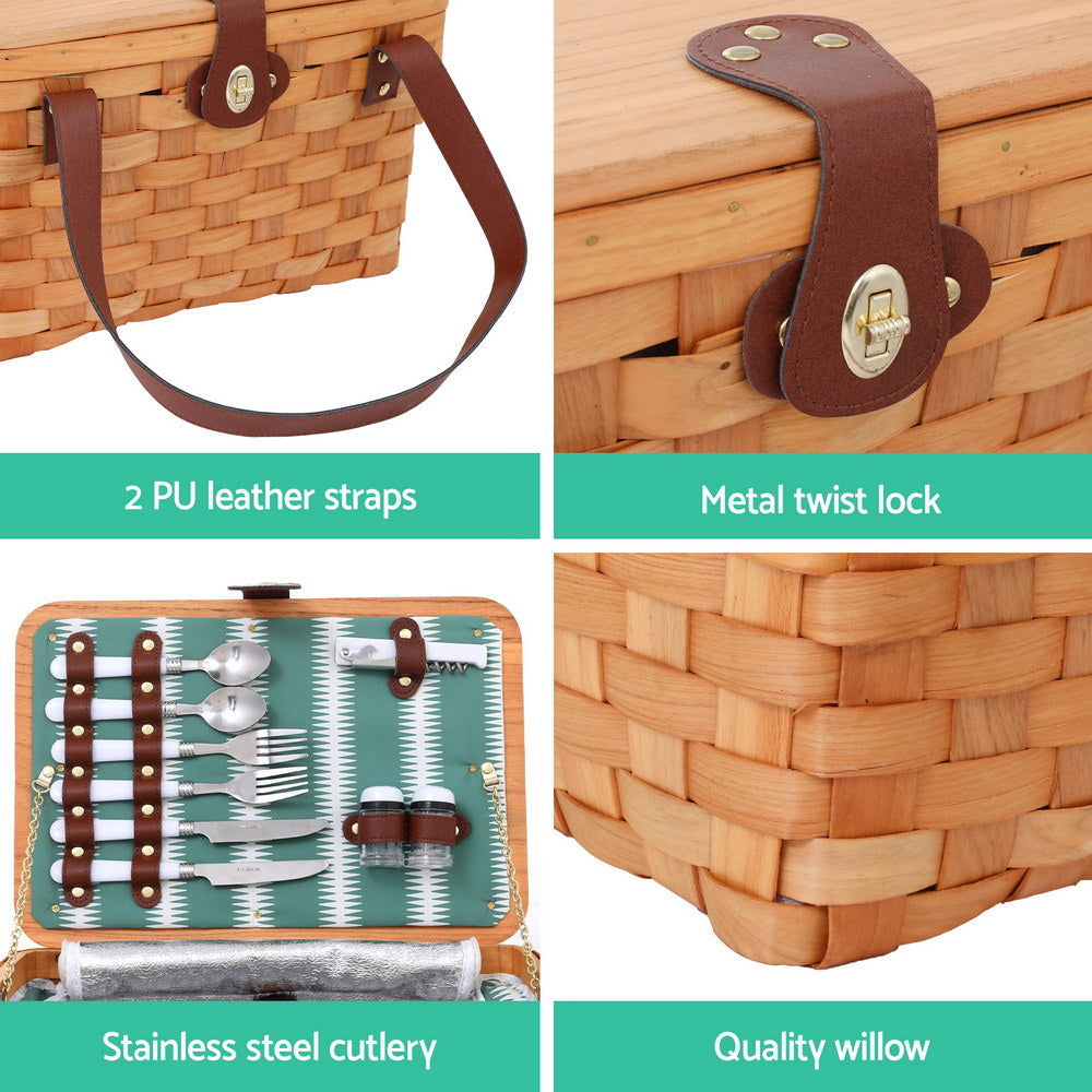 Alfresco 2 Person Picnic Basket Set Wooden Cooler Bag Plates Outdoor Insulated The Nest Trading Company