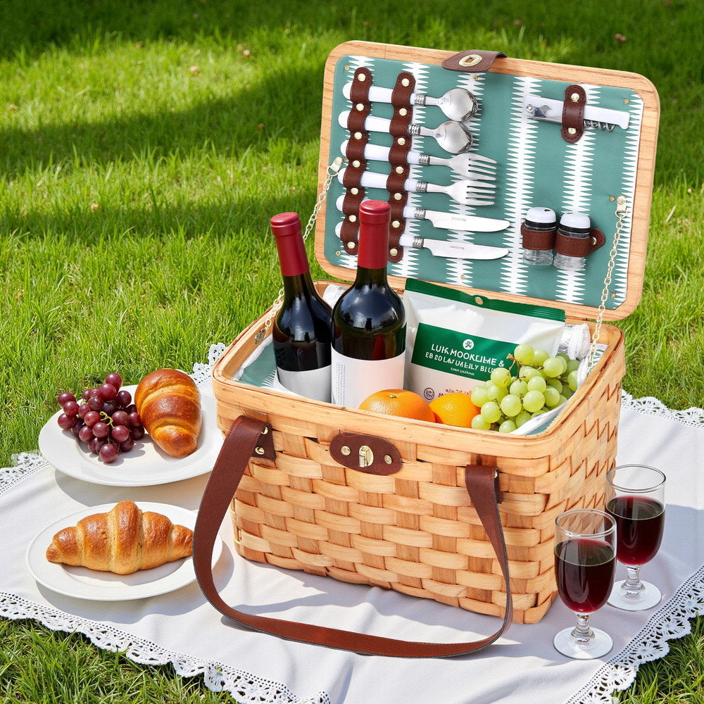Alfresco 2 Person Picnic Basket Set Wooden Cooler Bag Plates Outdoor Insulated The Nest Trading Company