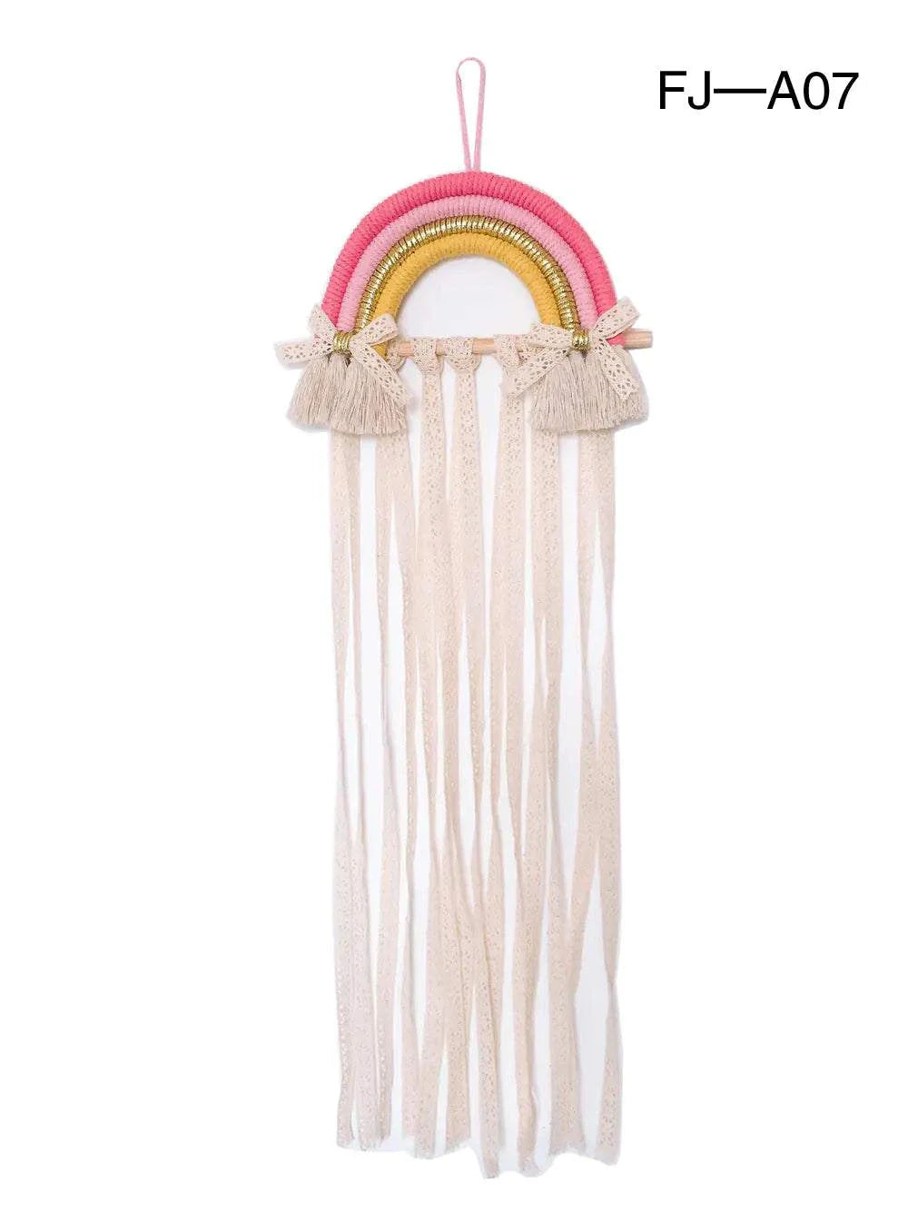 Nordic style woven rainbow hair clip organizer rack with hanging tassels and cotton rope design