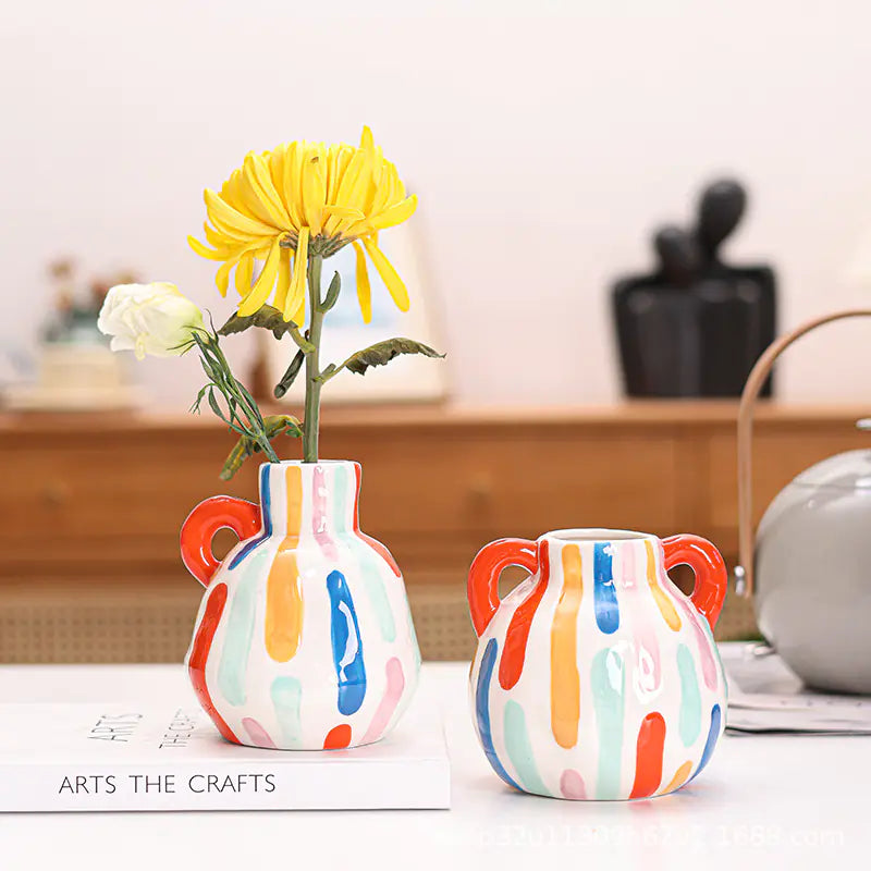 Colorful Ceramic Vase with Cute Vertical Stripes Design