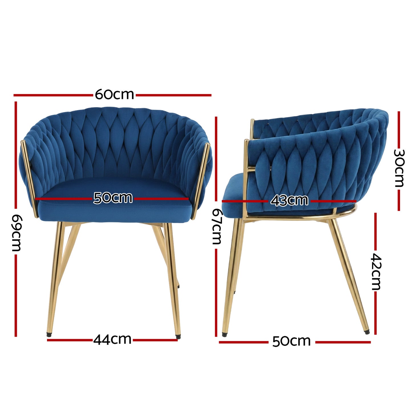 Stevie Set of 4 Dining Chairs - Velvet Weaving Armchair Blue