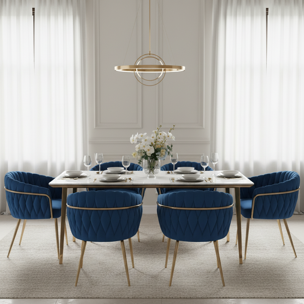 Stevie Set of 4 Dining Chairs - Velvet Weaving Armchair Blue