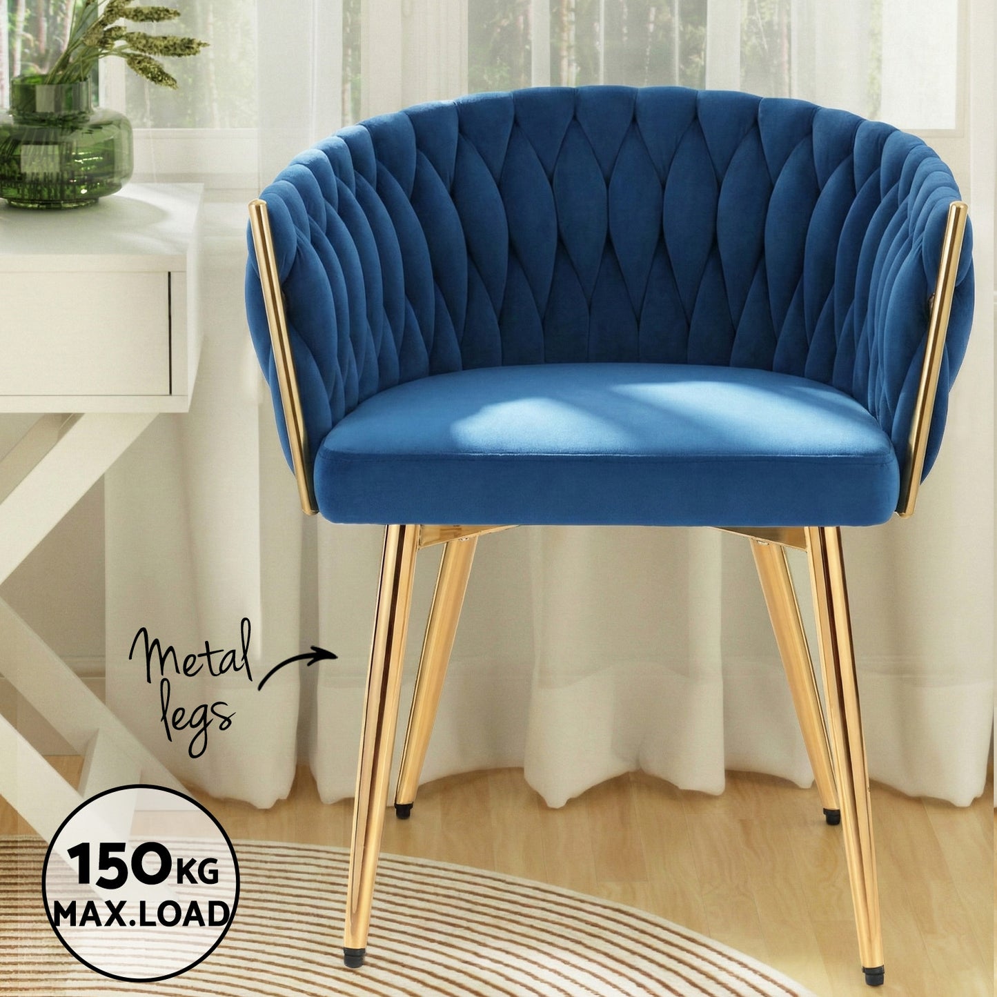 Stevie Set of 4 Dining Chairs - Velvet Weaving Armchair Blue