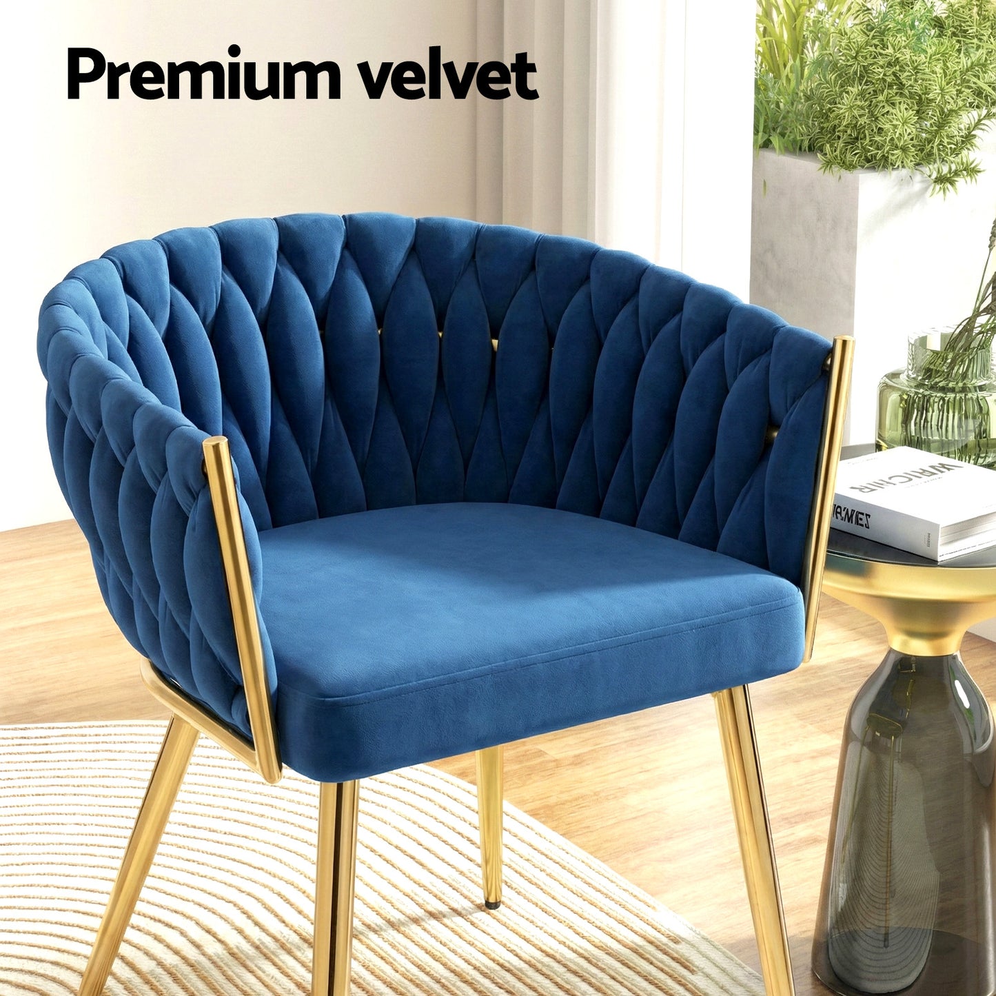 Stevie Set of 4 Dining Chairs - Velvet Weaving Armchair Blue