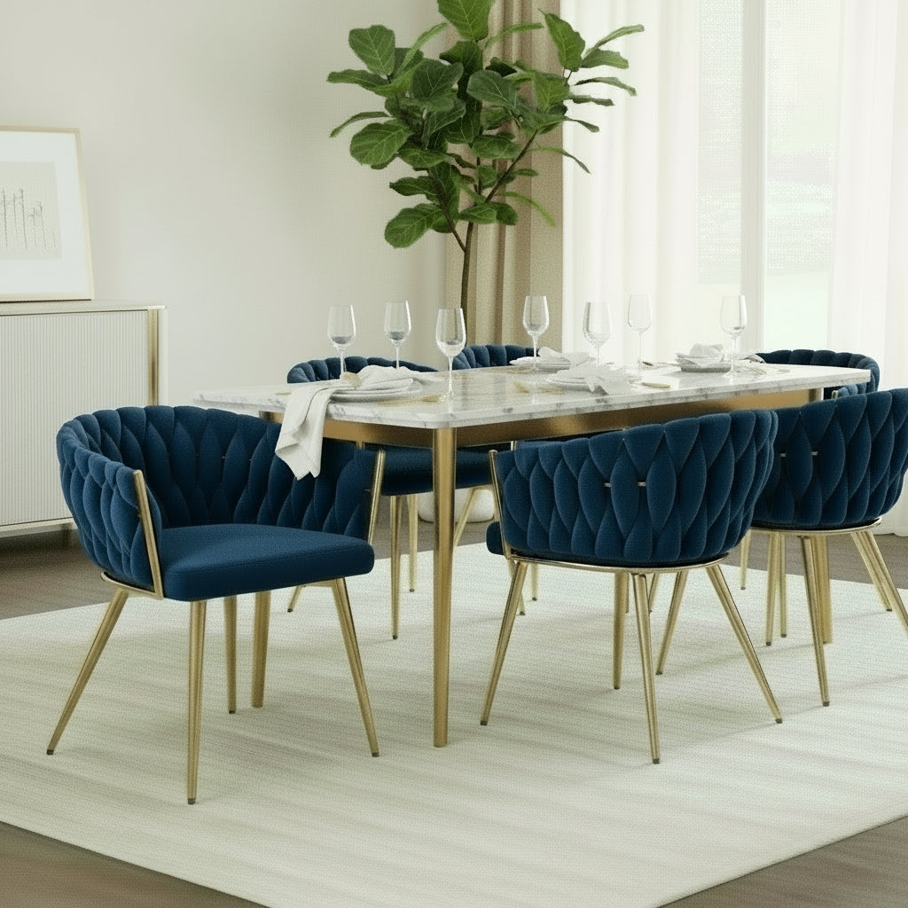 Stevie Set of 4 Dining Chairs - Velvet Weaving Armchair Blue