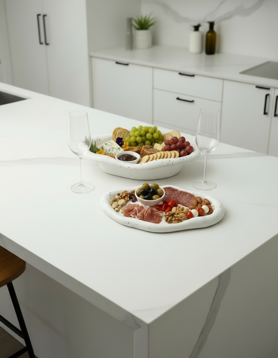 Speckled White Ceramic 3 Piece Tray Set (Round+Long+Irregular)