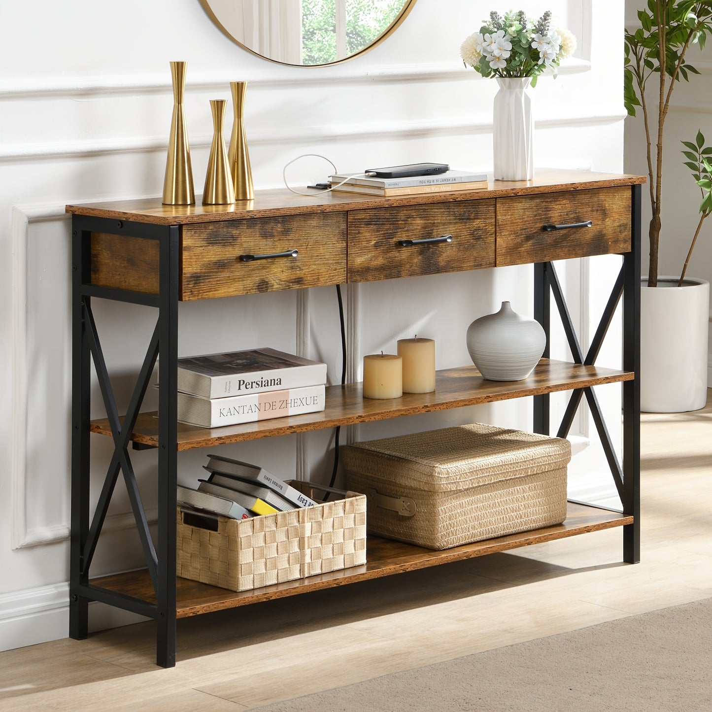 Industrial Entryway Table with 3 Tier Storage Shelves