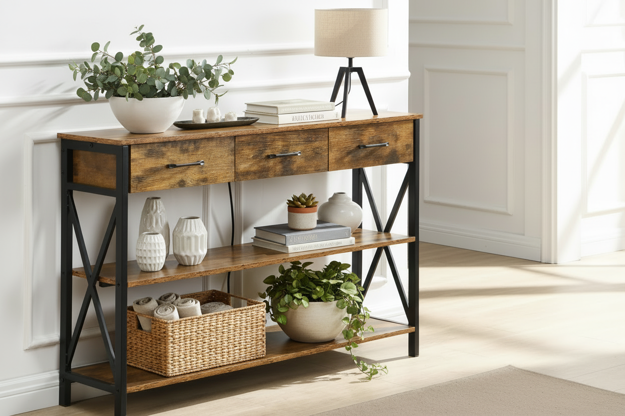 Industrial Entryway Table with 3 Tier Storage Shelves