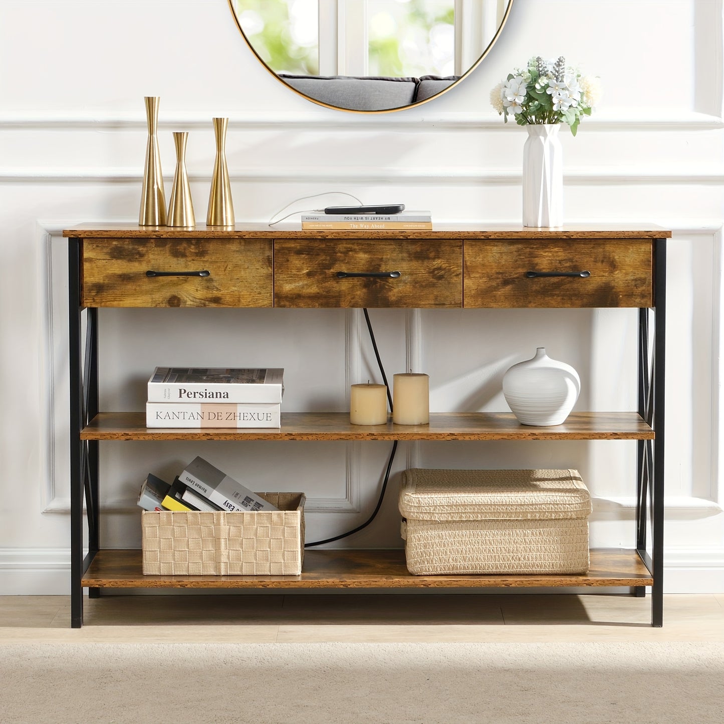 Industrial Entryway Table with 3 Tier Storage Shelves