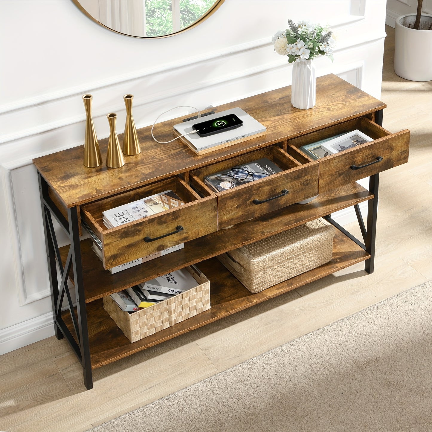 Industrial Entryway Table with 3 Tier Storage Shelves