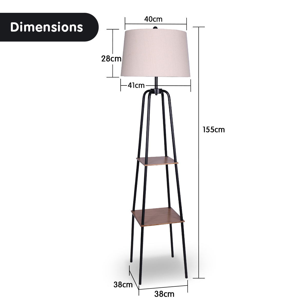 Sarantino Metal Etagere Floor Lamp Shade Metal Shelf in Wood Finish.