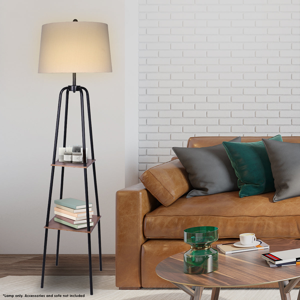 Sarantino Metal Etagere Floor Lamp Shade Metal Shelf in Wood Finish.