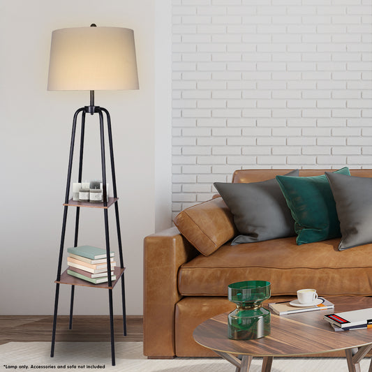 Sarantino Metal Etagere Floor Lamp Shade Metal Shelf in Wood Finish.