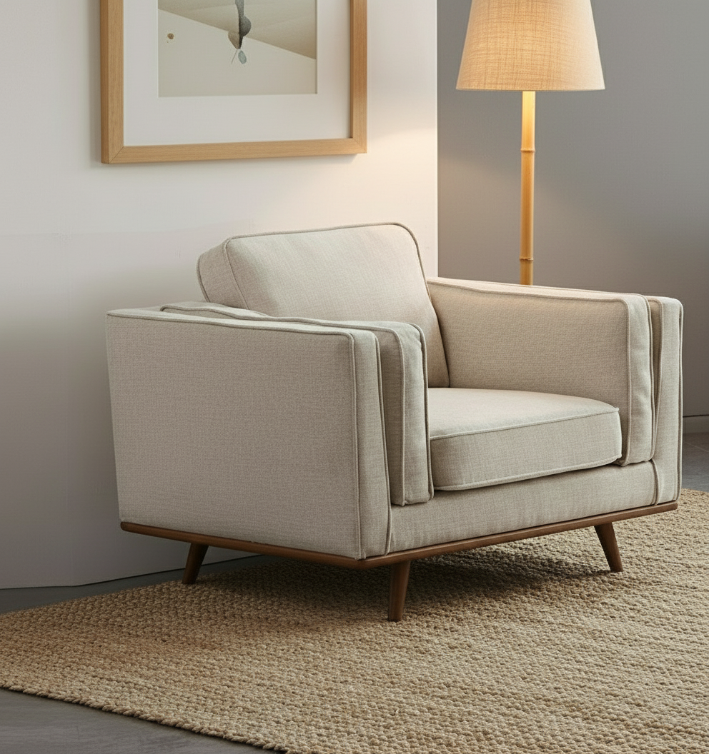 York Single Seater Armchair Sofa Modern Lounge Accent Chair in Beige Fabric with Wooden Frame The Nest Trading Company