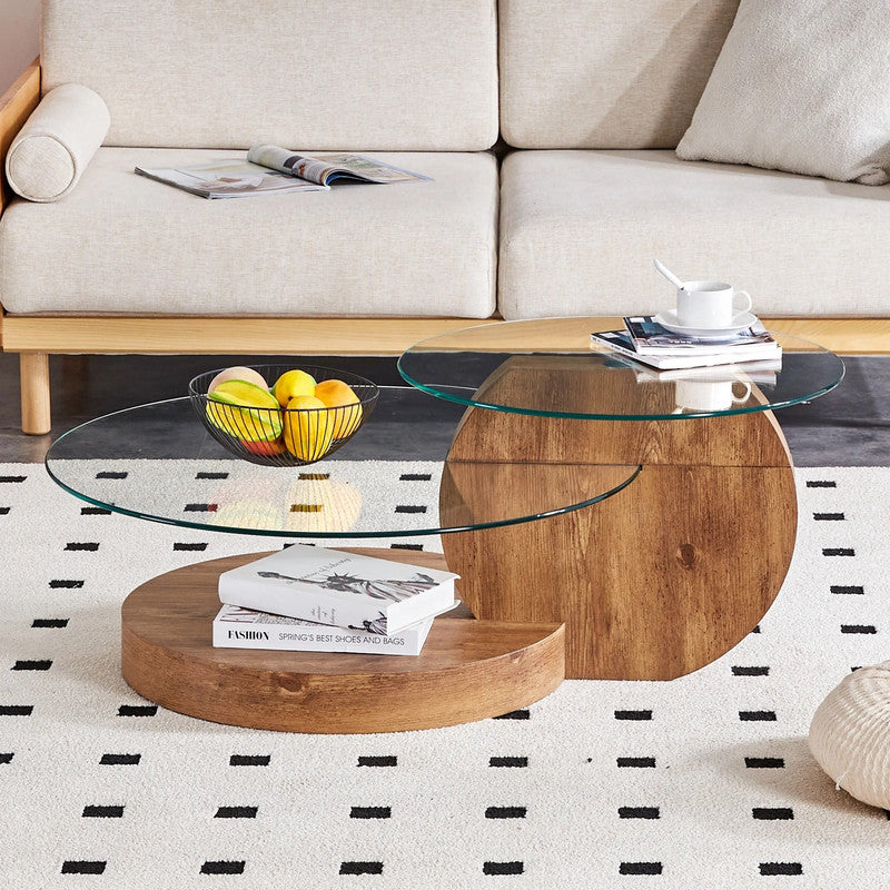 'MINORI' Double Layer Clear Tempered Glass Dark Wood Grain Coffee Table The Nest Trading Company