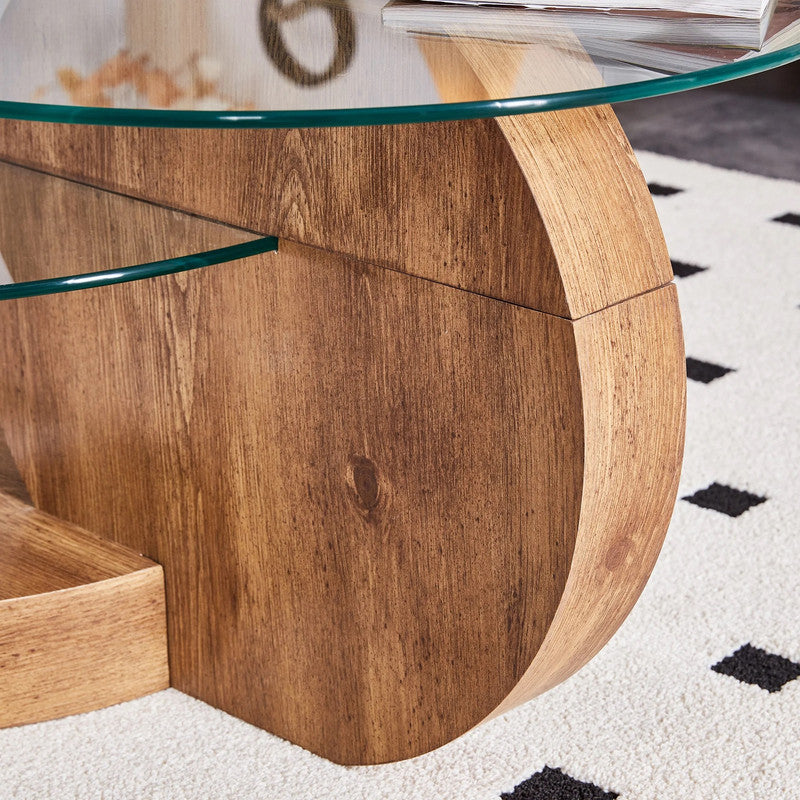 'MINORI' Double Layer Clear Tempered Glass Dark Wood Grain Coffee Table The Nest Trading Company