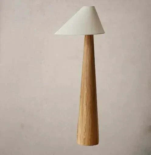 Wabi-sabi solid wood floor lamp with natural wood grain and minimalist white shade, inspired by Japanese retro design.