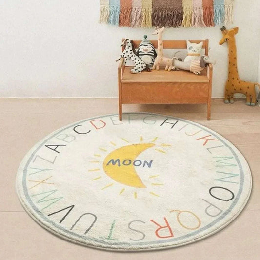 Round cartoon carpet for children's bedroom with alphabet and moon design in soft polyester fiber