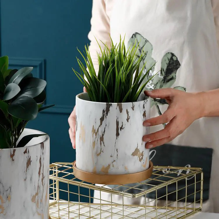 European Style Cement Flower Pot with Ceramic Gold