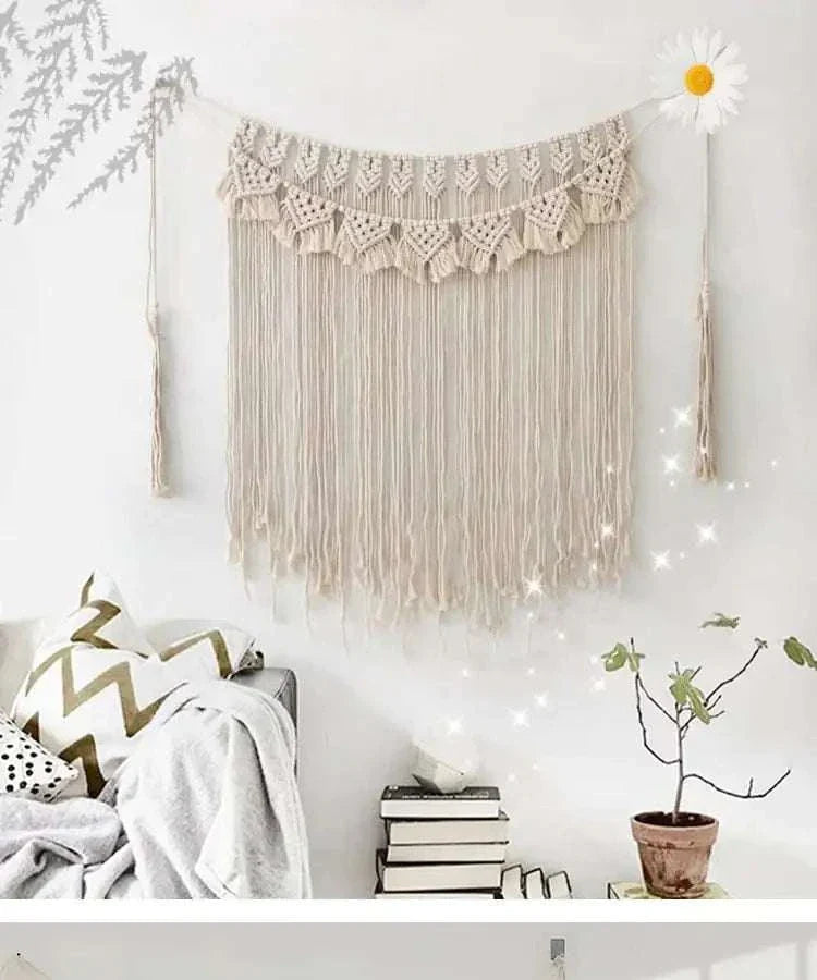 Handmade tassel wall tapestry in beige cotton rope, bohemian decor for weddings and home, 39x45 inches size.