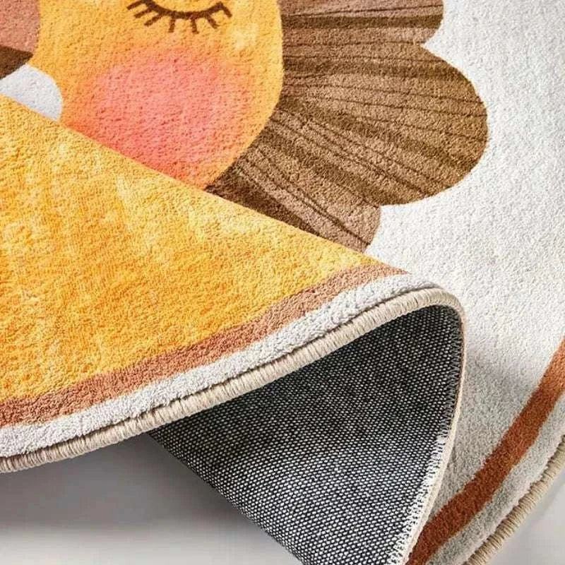 Close-up of a colorful Cartoon Round Plush Floor Mat featuring a lion design, made of soft polyester fiber with a durable non-slip backing.