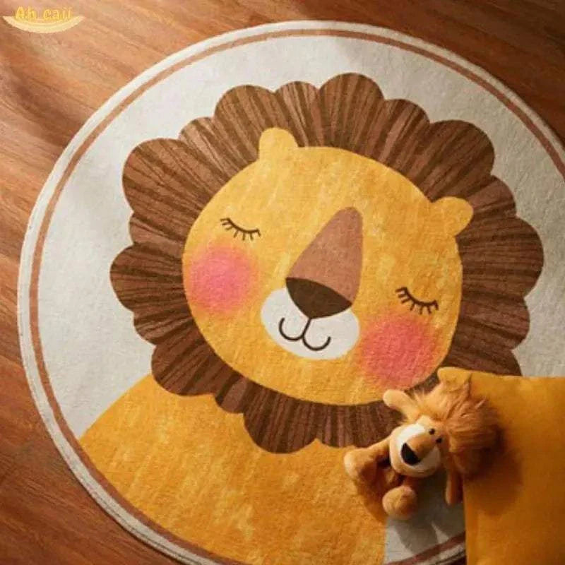 Round cartoon lion plush floor mat for children's bedroom with soft polyester fiber and vibrant colors