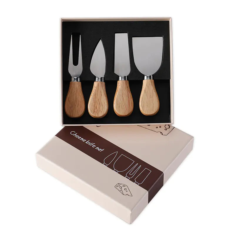 Cheese knife set with oak handles and stainless steel blades in a stylish gift box