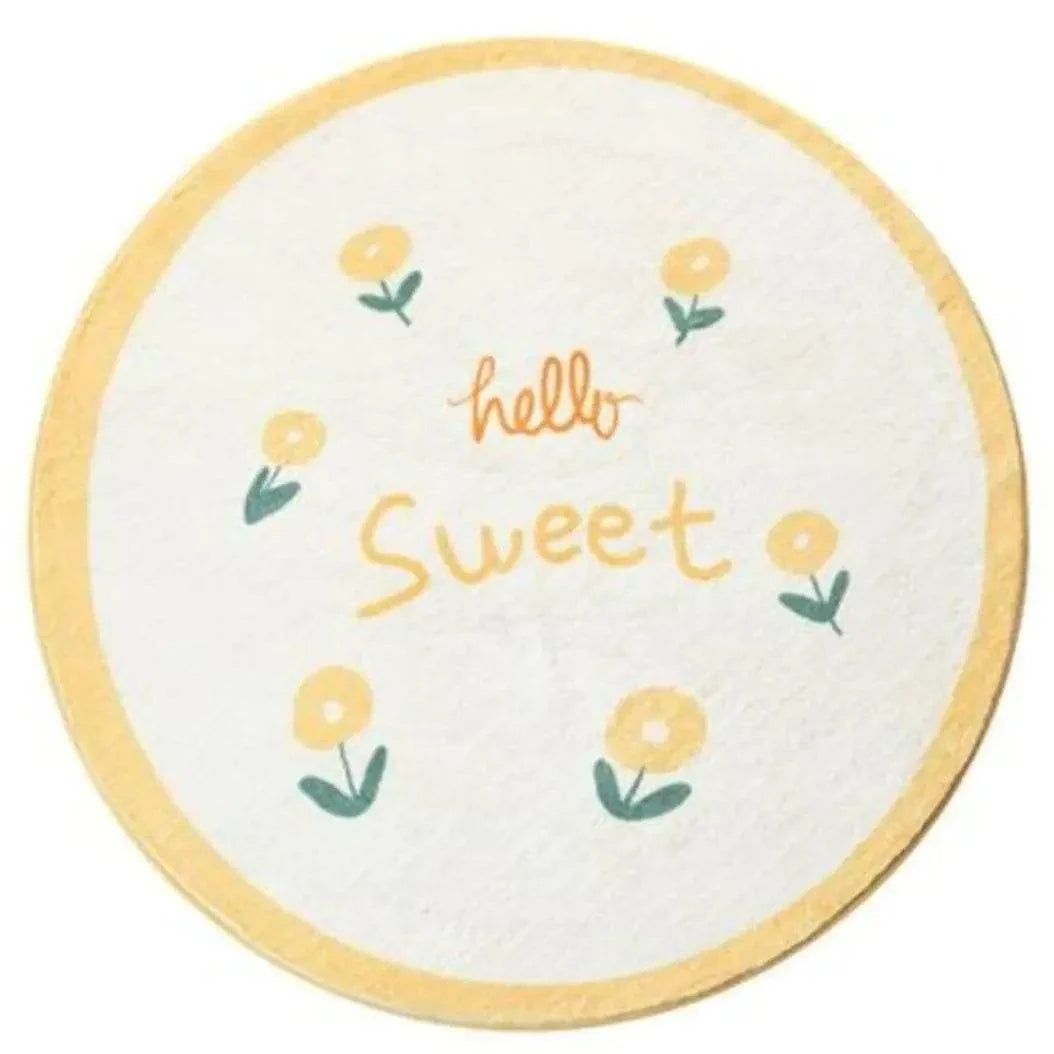 Round cartoon carpet for children's bedroom with yellow floral design and "hello sweet" text, soft polyester fiber, available in multiple sizes and colors