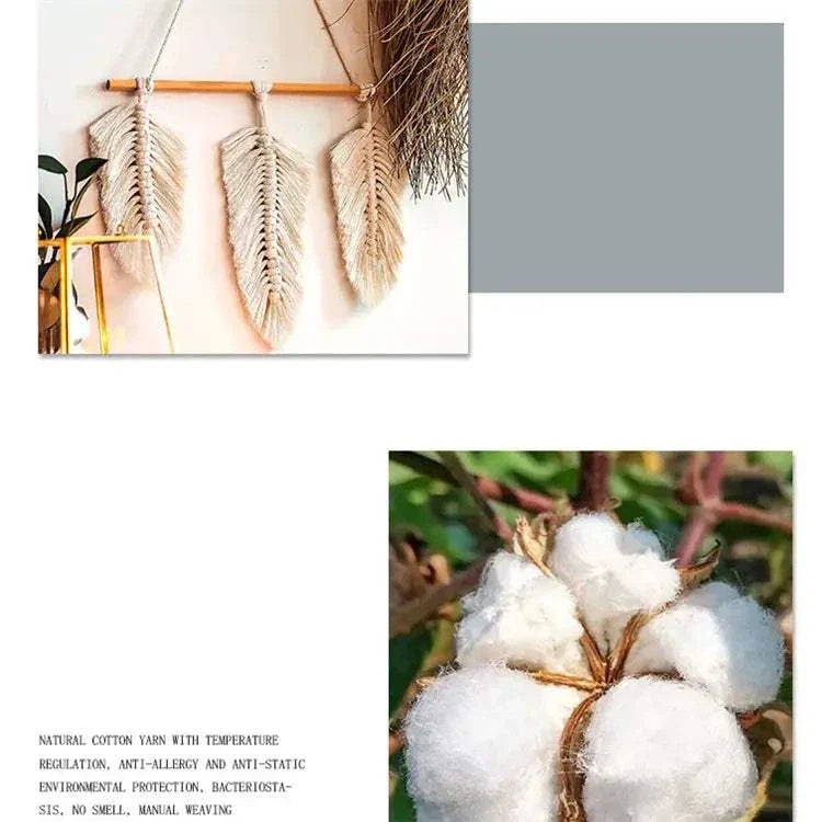Bohemian woven leaf wall hanging made of natural cotton yarn, featuring three beige woven leaves in Nordic-inspired design.