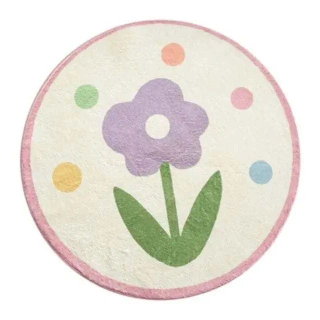 Round cartoon carpet with a purple flower and colorful dots for children's bedroom