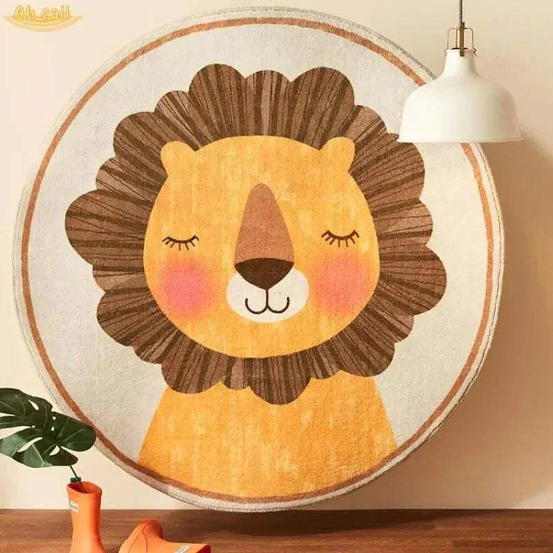 Round plush floor mat with a cartoon lion design for children's bedroom decor
