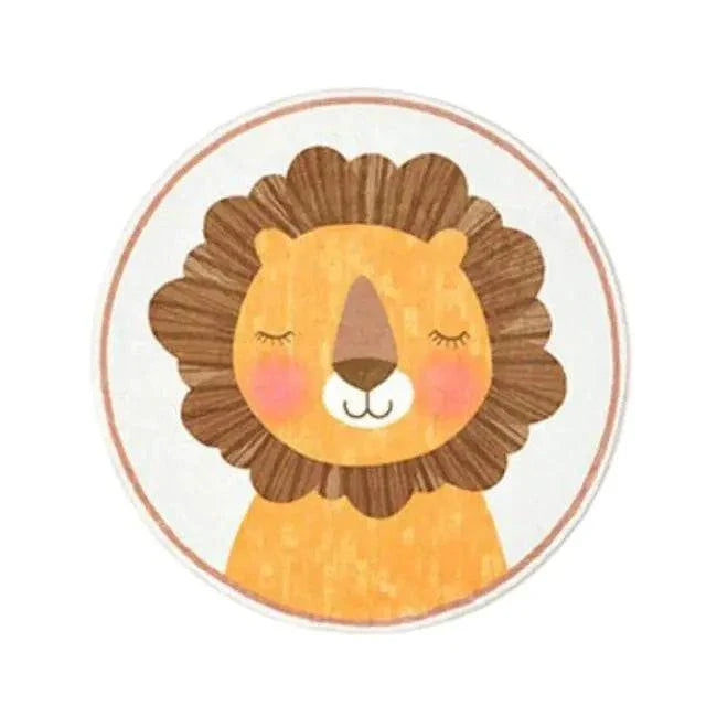 Round plush floor mat featuring a cute lion cartoon design for children's bedroom decor