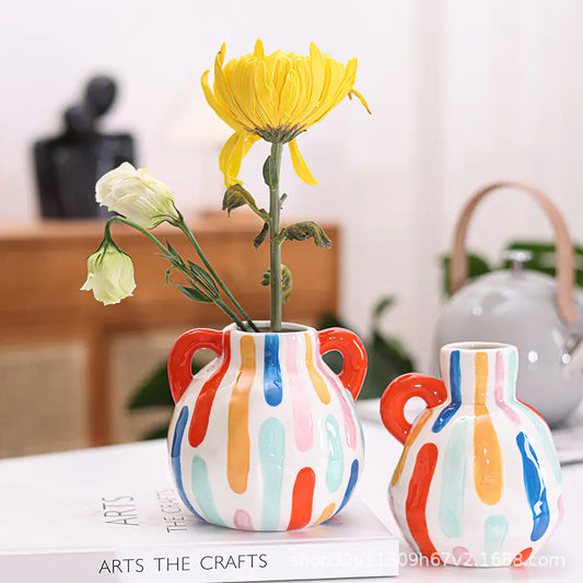 Colorful Ceramic Vase with Cute Vertical Stripes Design