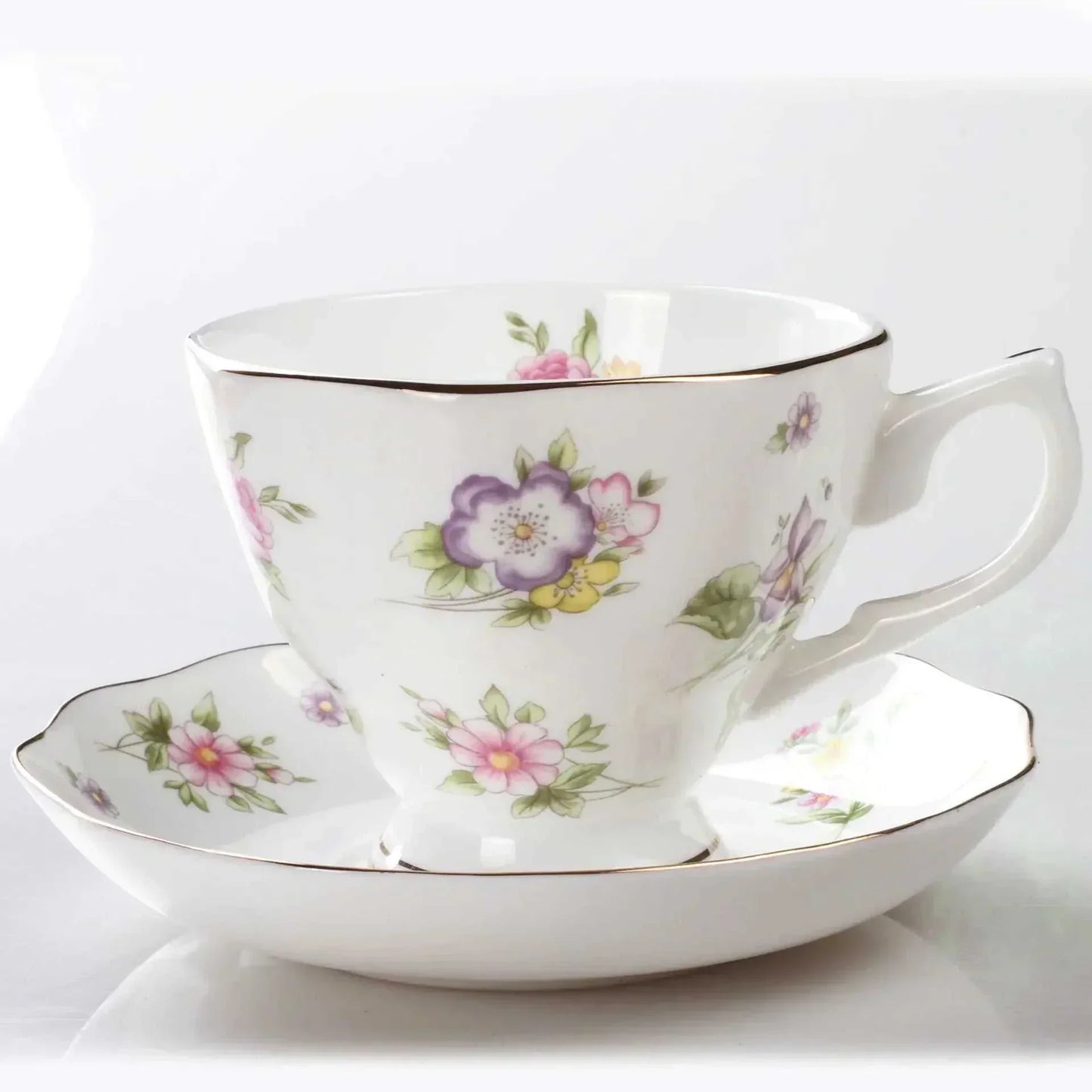Bone China British Afternoon Tea Set cup and saucer with delicate floral design and gold trim