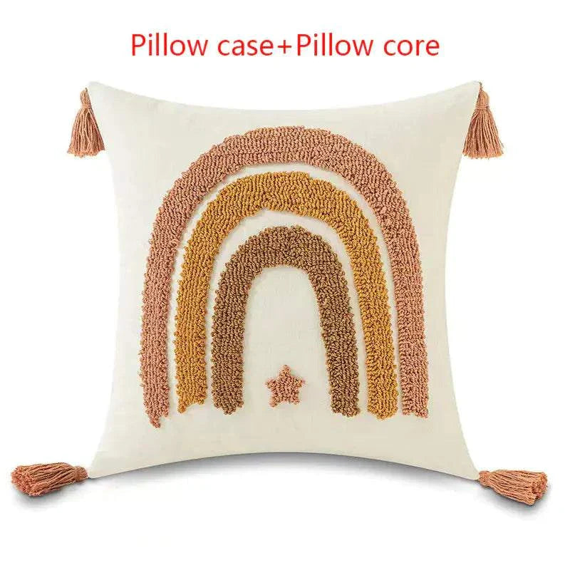 Tufted Loop Pillow Cover with rainbow design and tassels on white pillowcase with pillow core included
