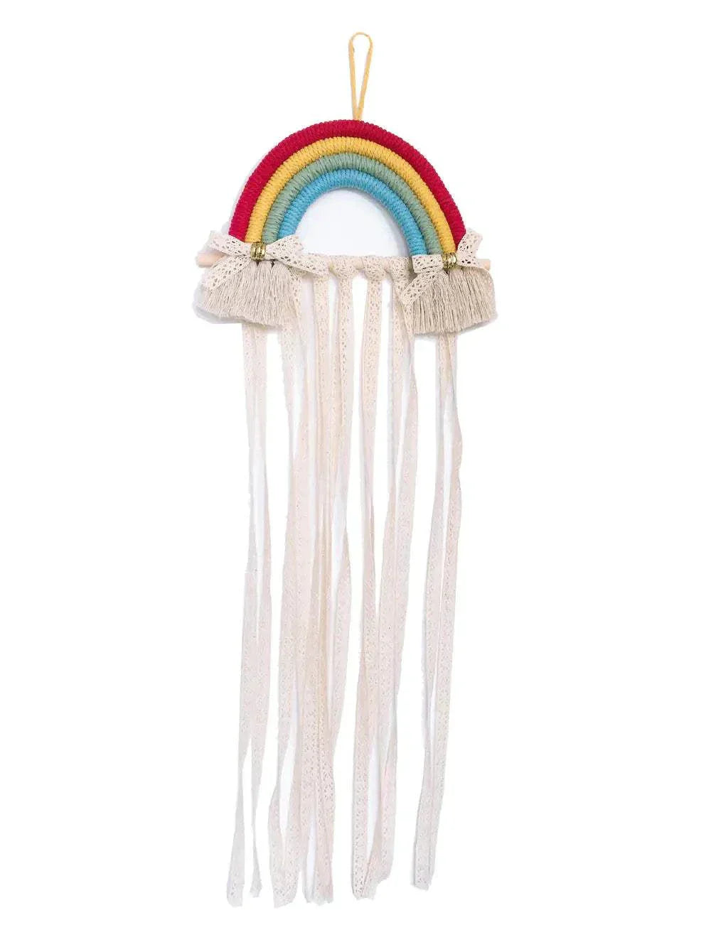 Nordic style woven rainbow hair clip organizer rack with hanging cotton ropes and colorful arches