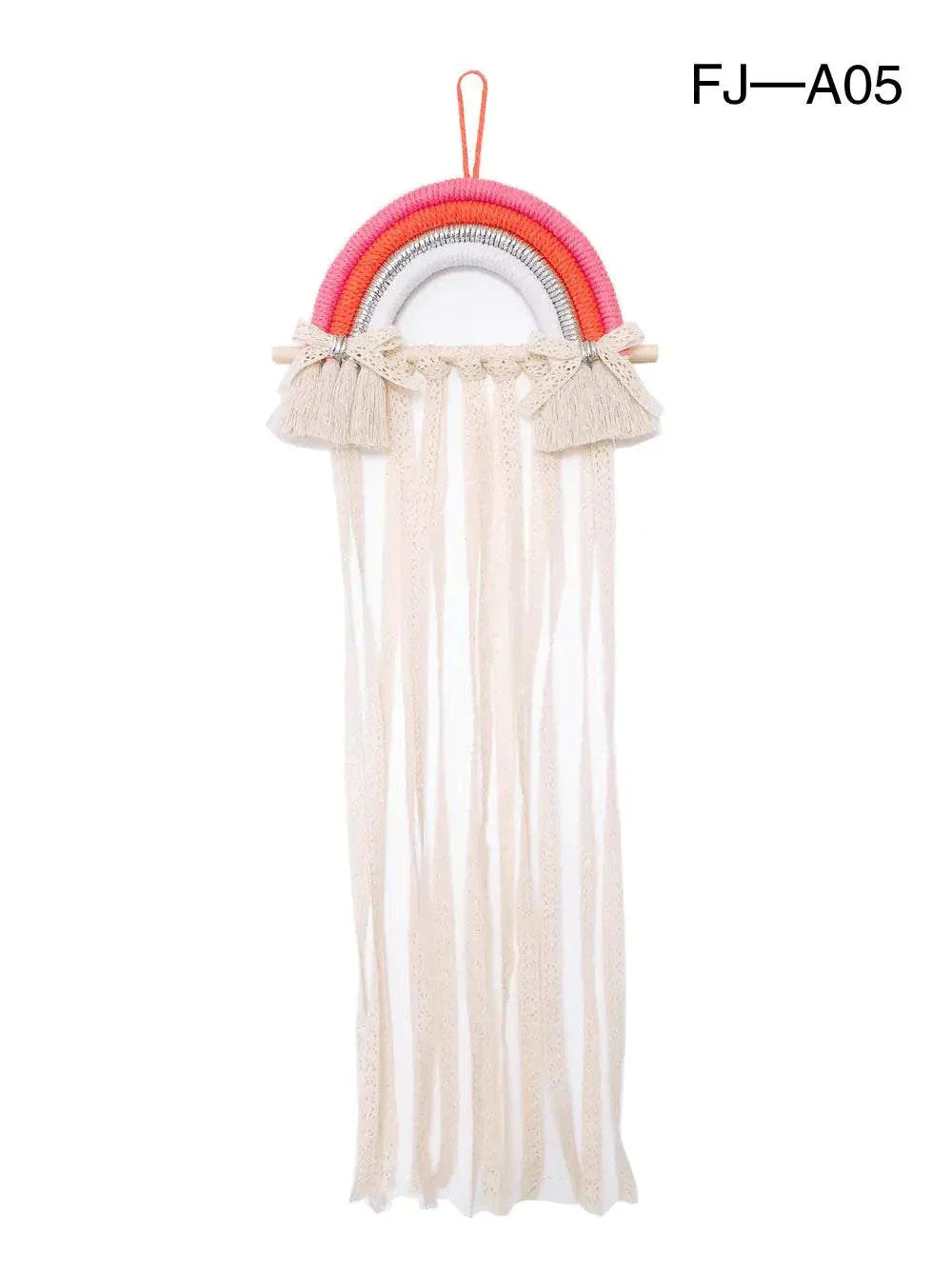 Nordic style woven rainbow hair clip organizer rack with colorful cotton rope and hanging tassels