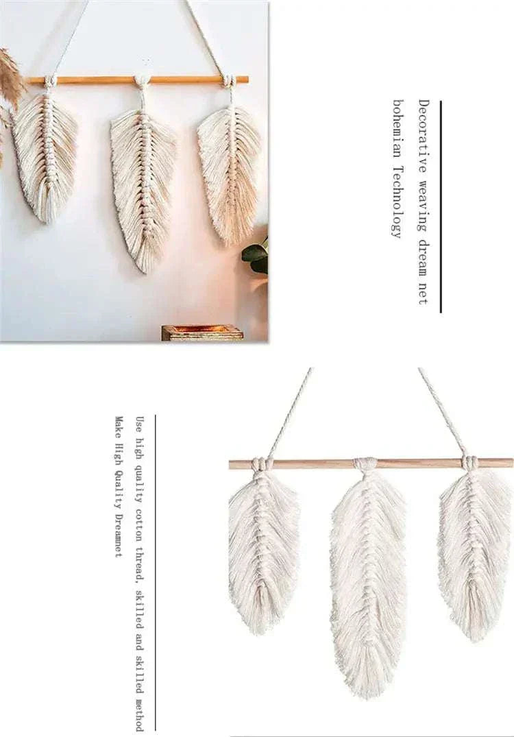 Bohemian woven leaf wall hanging made of cotton with natural beige color and Nordic-inspired plain pattern decor for home walls.