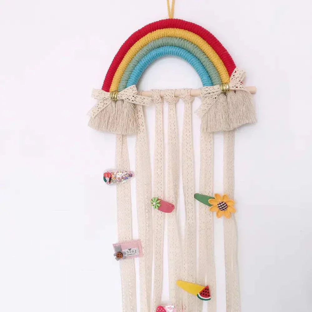 Nordic style woven rainbow hair clip organizer rack with cotton rope and hanging ribbons for kids accessories