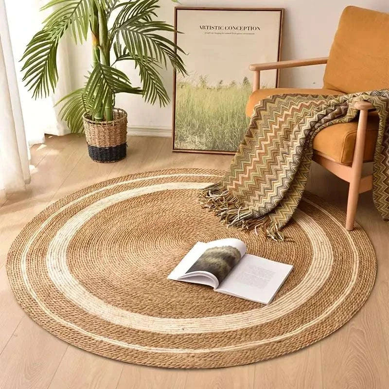 Nordic style woven carpet round natural rattan with papyrus color accents in cozy living room setting