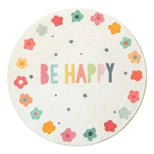 Round cartoon carpet for children's bedroom with colorful "BE HAPPY" text and floral border design